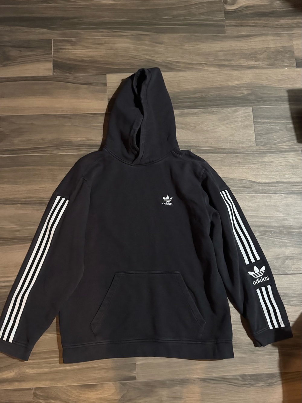 adidas Black Hoodie with White Three-Stripe Sleeves